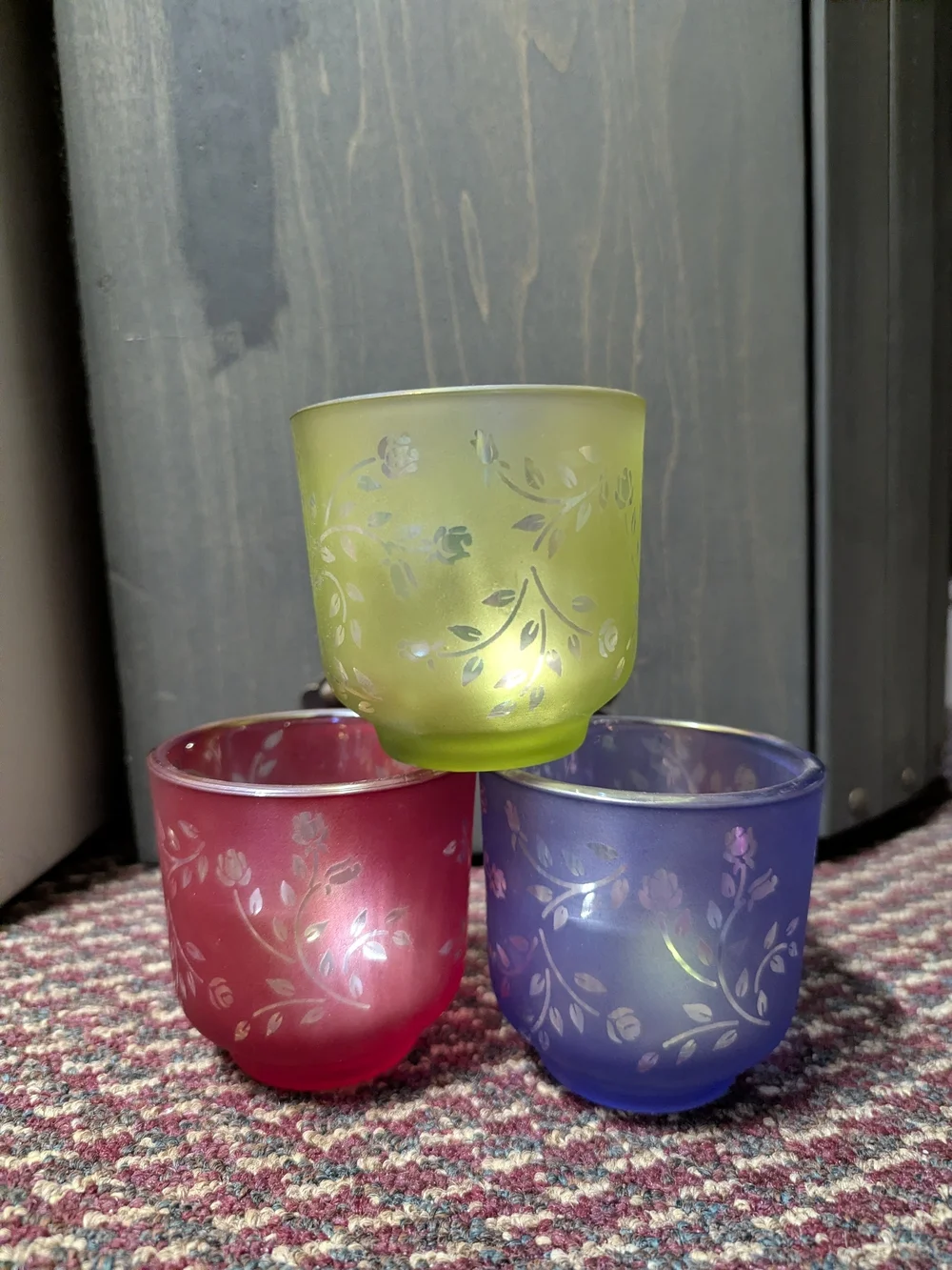 Vintage Floral Frosted Glass Votive Set - Yellow, Purple, Blue, Red